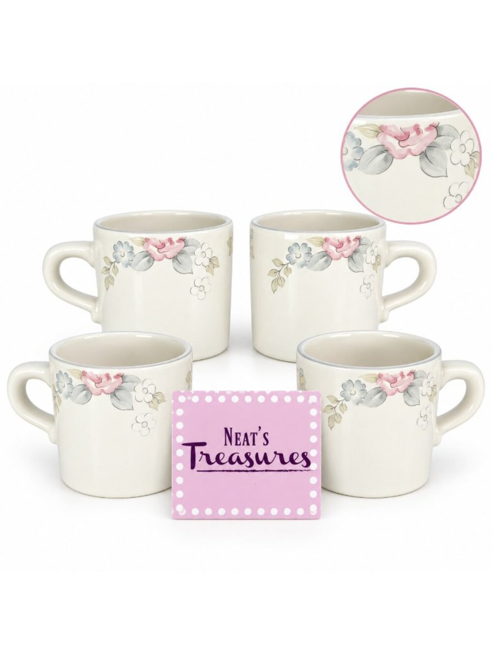 Vintage Pfaltzgraff WYNDHAM Stoneware Pink Gray Floral Castle Mark 8oz Cup Set 4